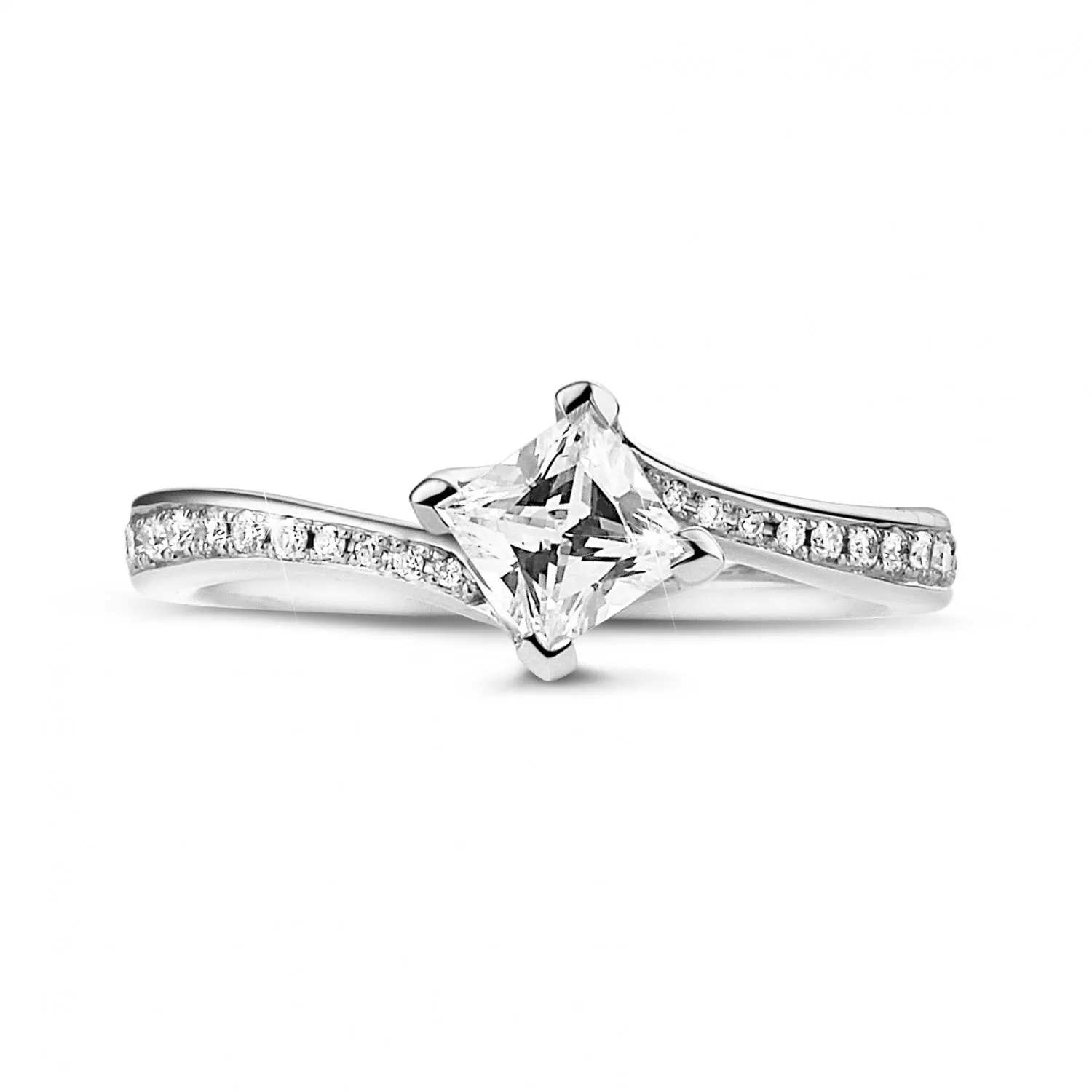 0.50 quilates anillo solitario en oro blanco con diamante talla princesa y diamantes laterales 