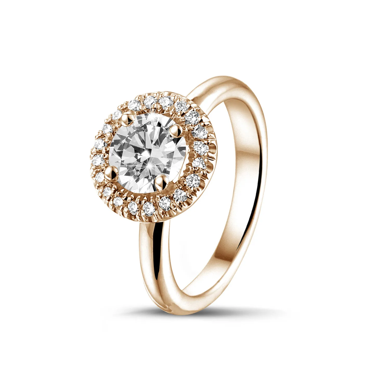 1.00 quilates Halo anillo solitario en oro rojo con diamantes redondos 