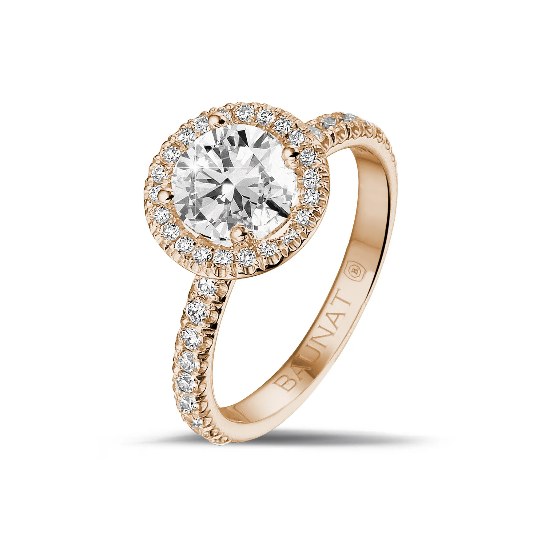 1.25 quilates Halo anillo solitario en oro rojo con diamantes redondos 