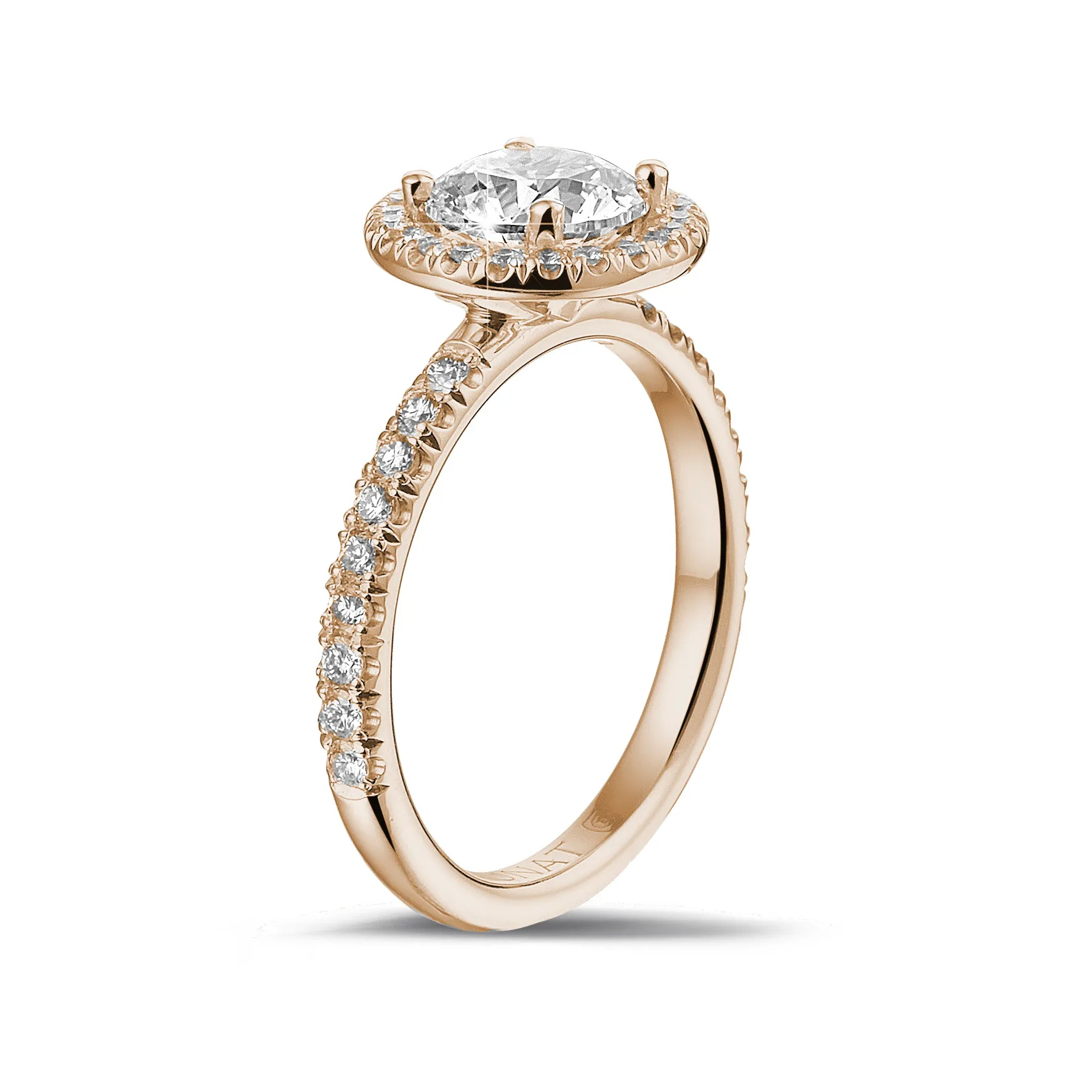 1.25 quilates Halo anillo solitario en oro rojo con diamantes redondos 