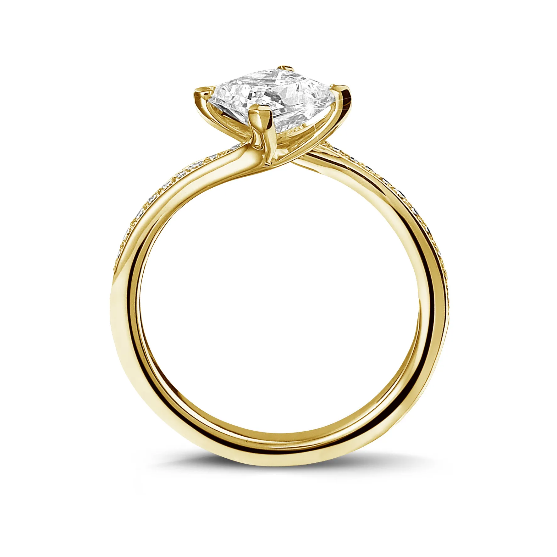 2.50 quilates anillo solitario en oro amarillo con diamante talla princesa y diamantes laterales 