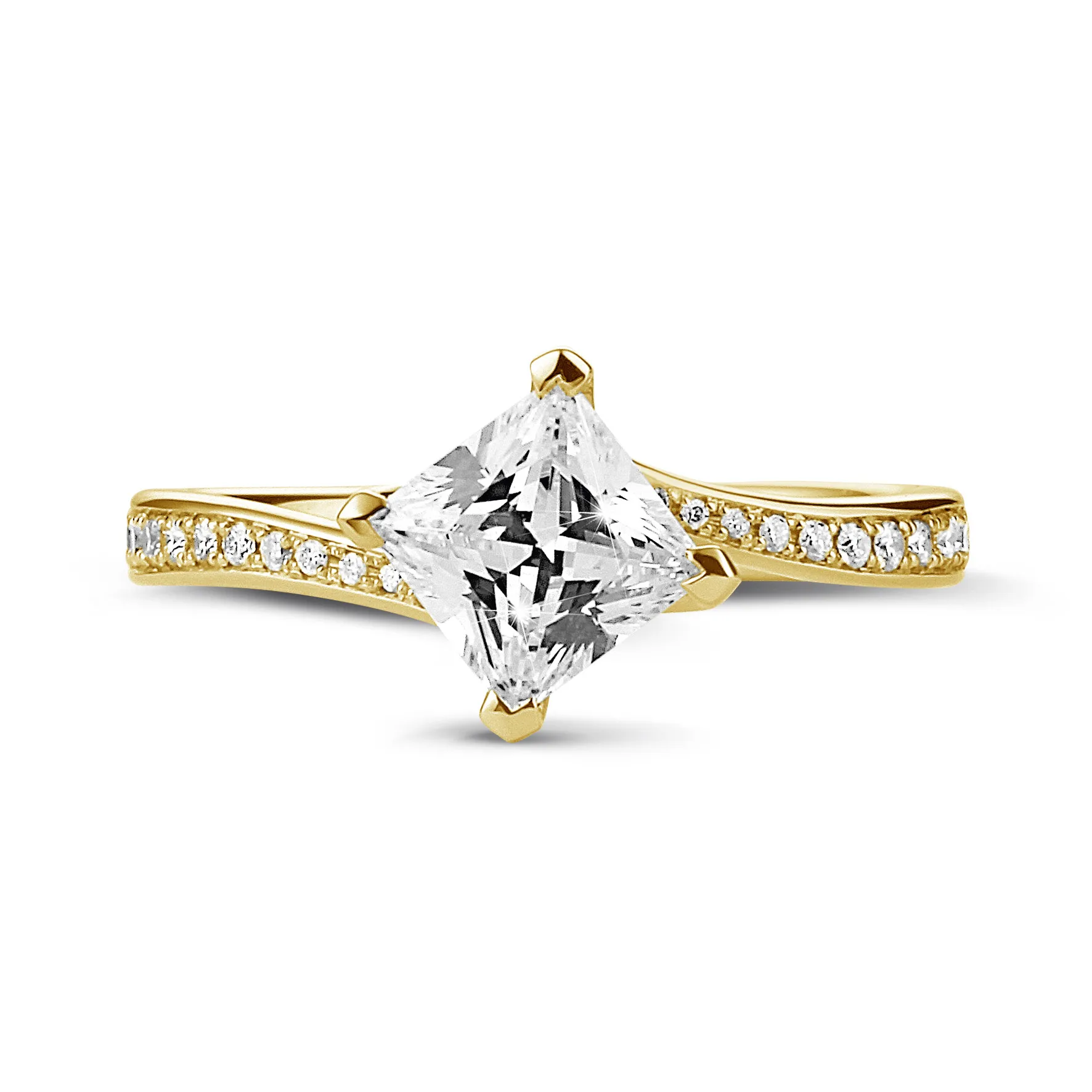 2.50 quilates anillo solitario en oro amarillo con diamante talla princesa y diamantes laterales 