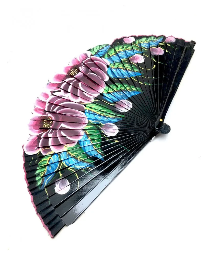 ABANICOS DE MADERA NEGROS CON FLORES