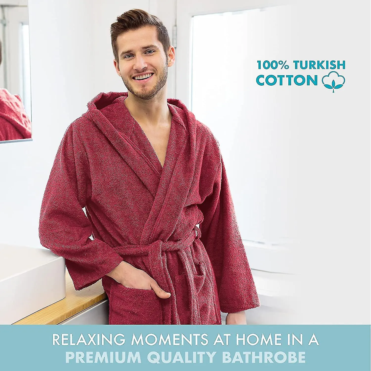 ALBORNOZ MIMAN 100% ALGODóN PARA HOMBRE CON TOALLA CON CAPUCHA 2 BOLSILLOS, CINTURóN  SUAVE, ABSORBENTE Y CóMODO