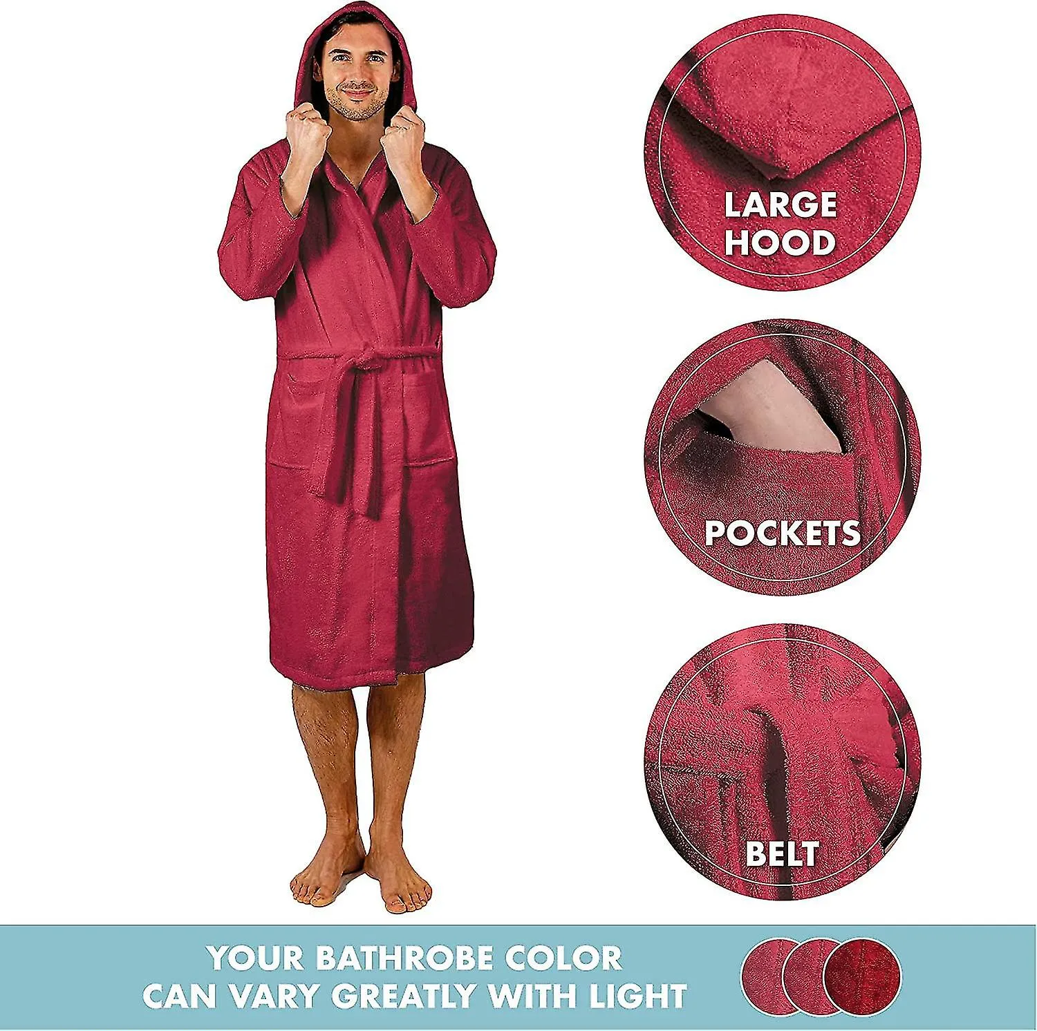 ALBORNOZ MIMAN 100% ALGODóN PARA HOMBRE CON TOALLA CON CAPUCHA 2 BOLSILLOS, CINTURóN  SUAVE, ABSORBENTE Y CóMODO