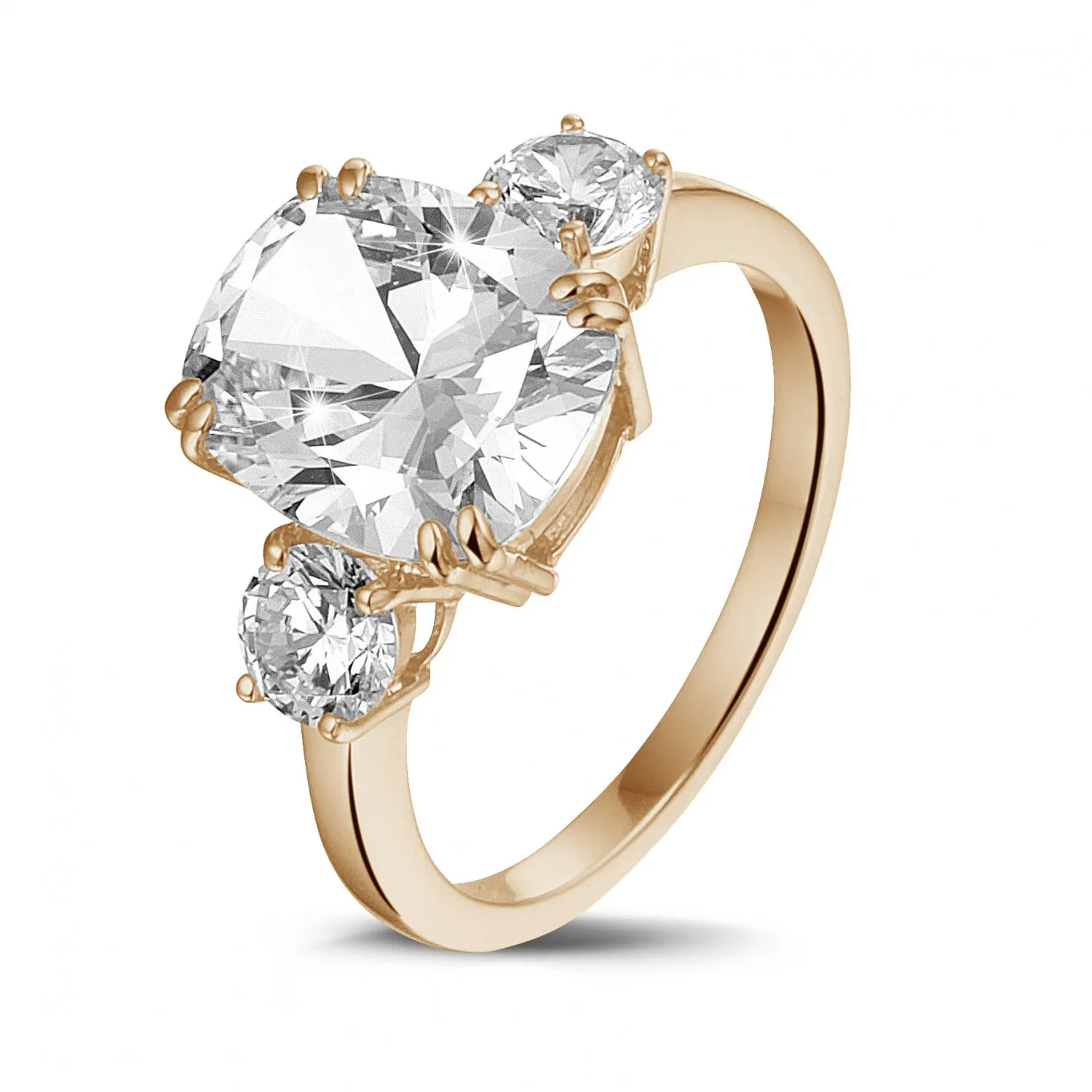 Anillo en oro rojo con un diamante de talla cojín y diamantes redondos 