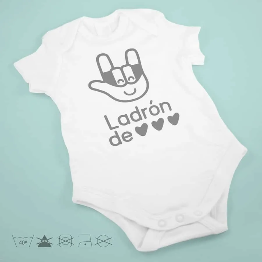Body bebé algodón orgánico: Ladrón/a de corazones. Personalizalo con nombre.