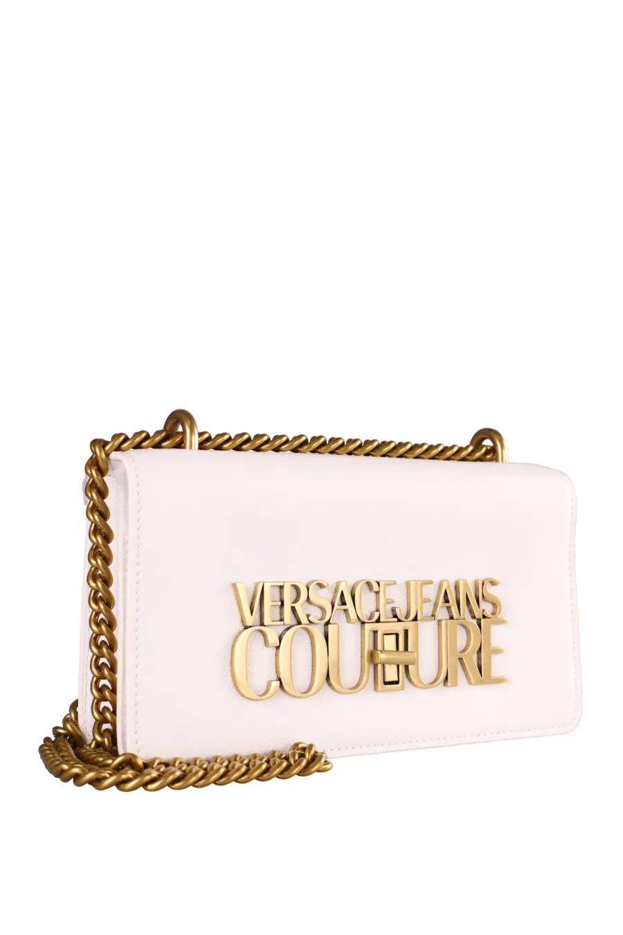 Bolso blanco con cadena y logo en dorado