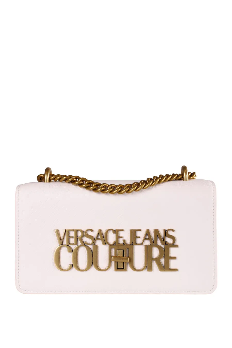 Bolso blanco con cadena y logo en dorado