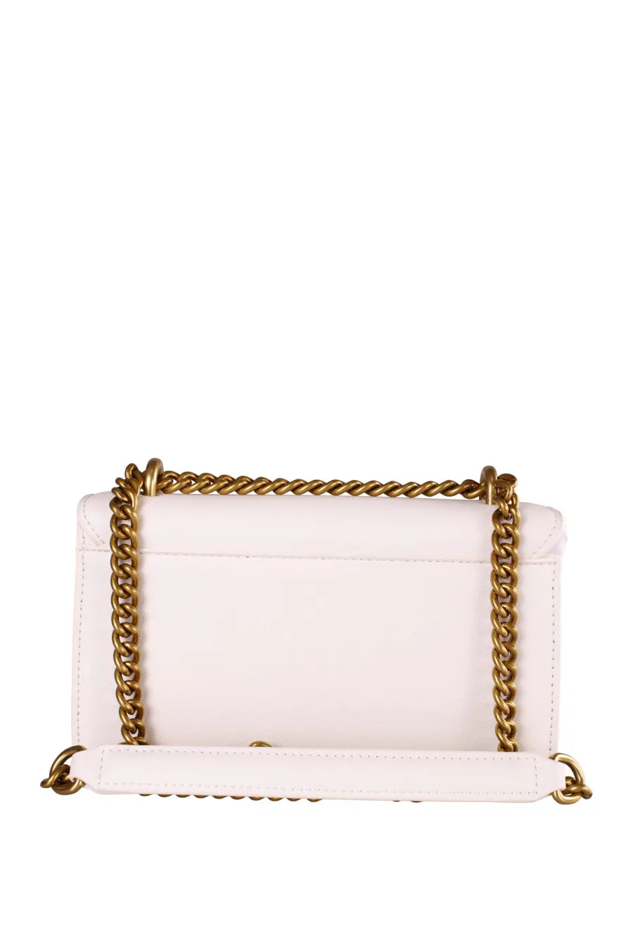 Bolso blanco con cadena y logo en dorado