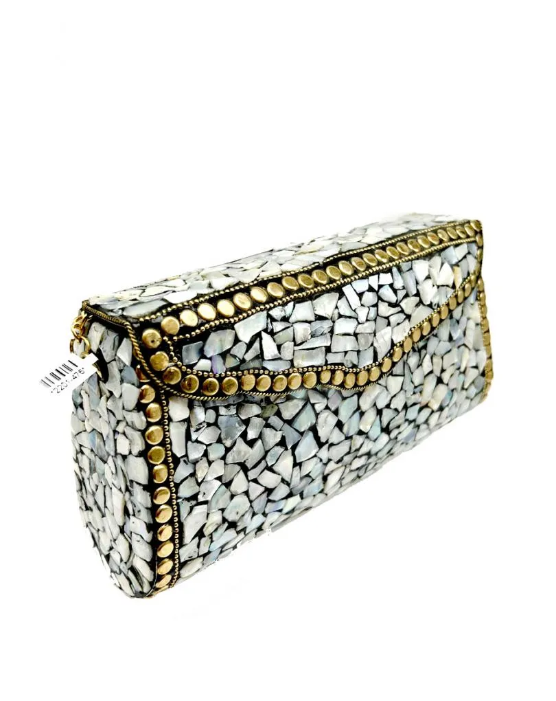 BOLSO DE FIESTA NACAR RÍGIDO ESTILO COFRE TONOS DORADOS Y PLATEADOS