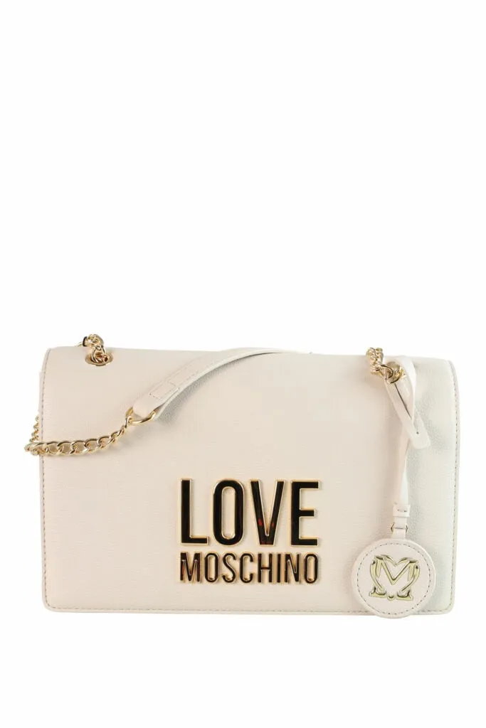 Bolso de hombro blanco con cadena y logo 