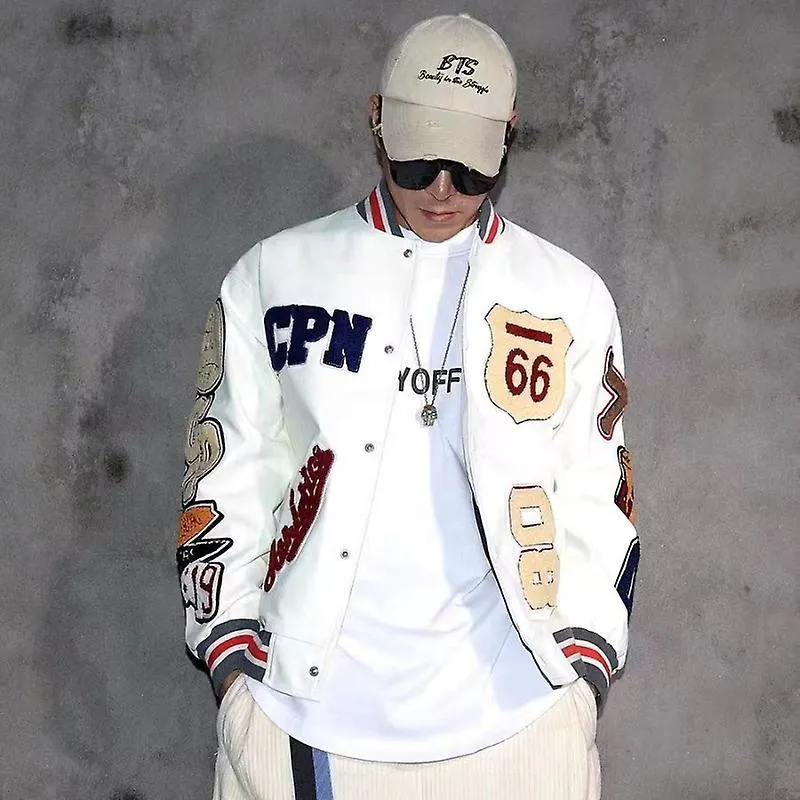 Bordado de varias letras Uniforme de béisbol blanco Estilo explosivo Uniforme de béisbol Uniforme de béisbol Chaqueta de cuero r