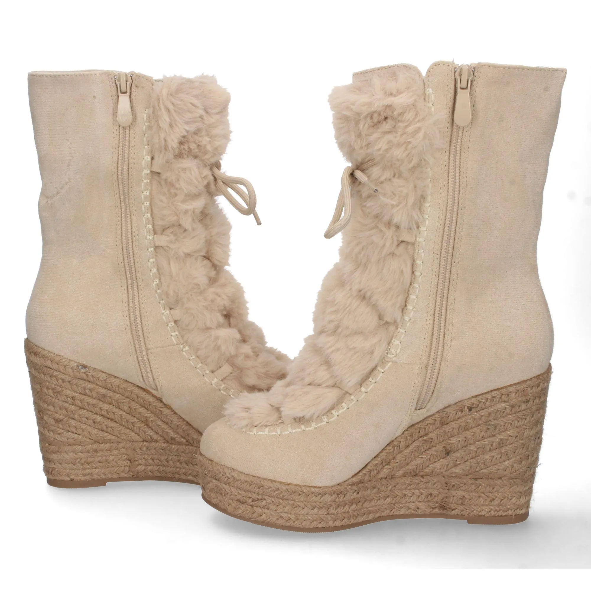 Botas de cuña en yute y pelo estilo australianas mujer color beige