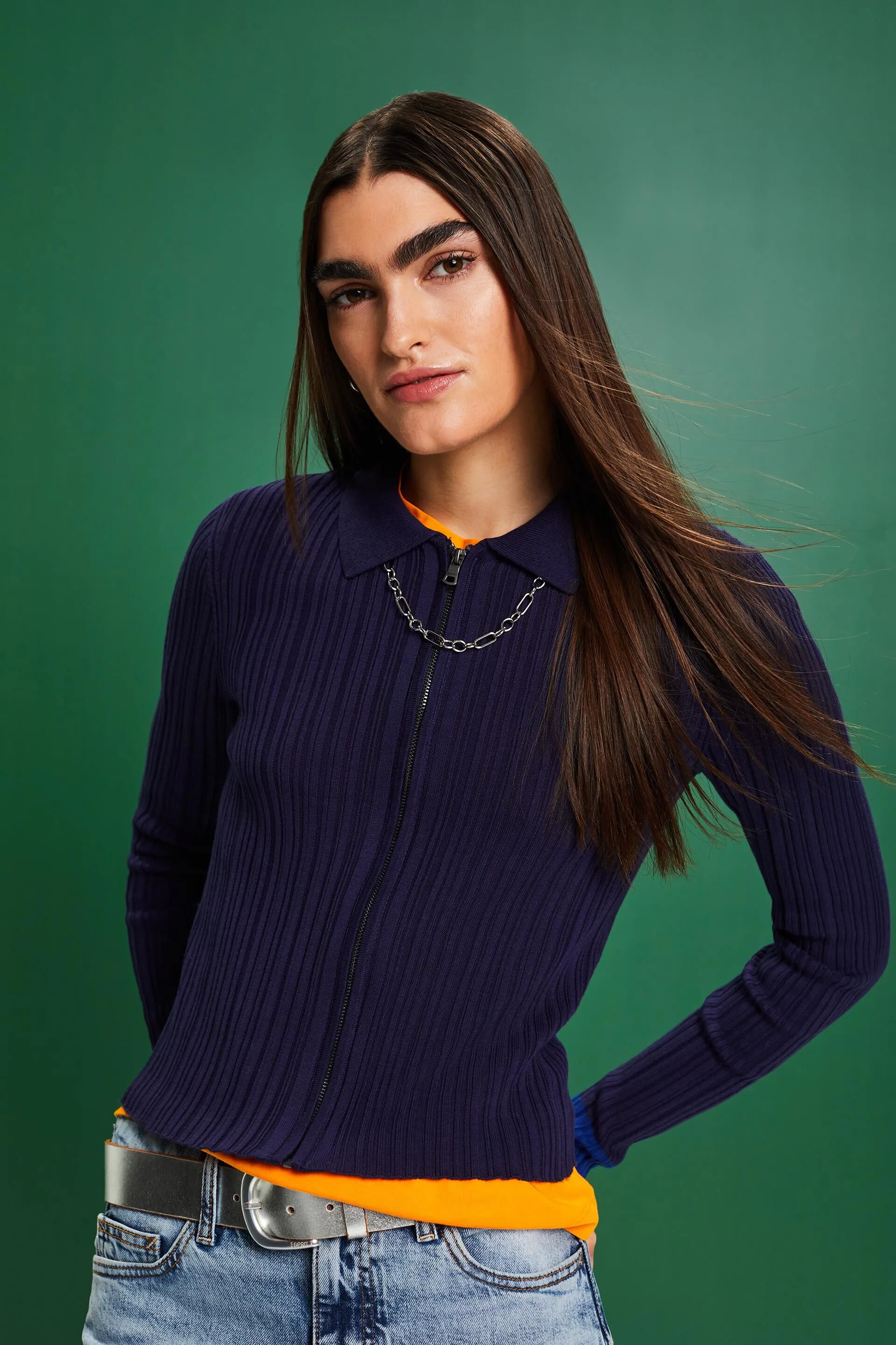Cárdigan estilo polo de punto acanalado sin costuras