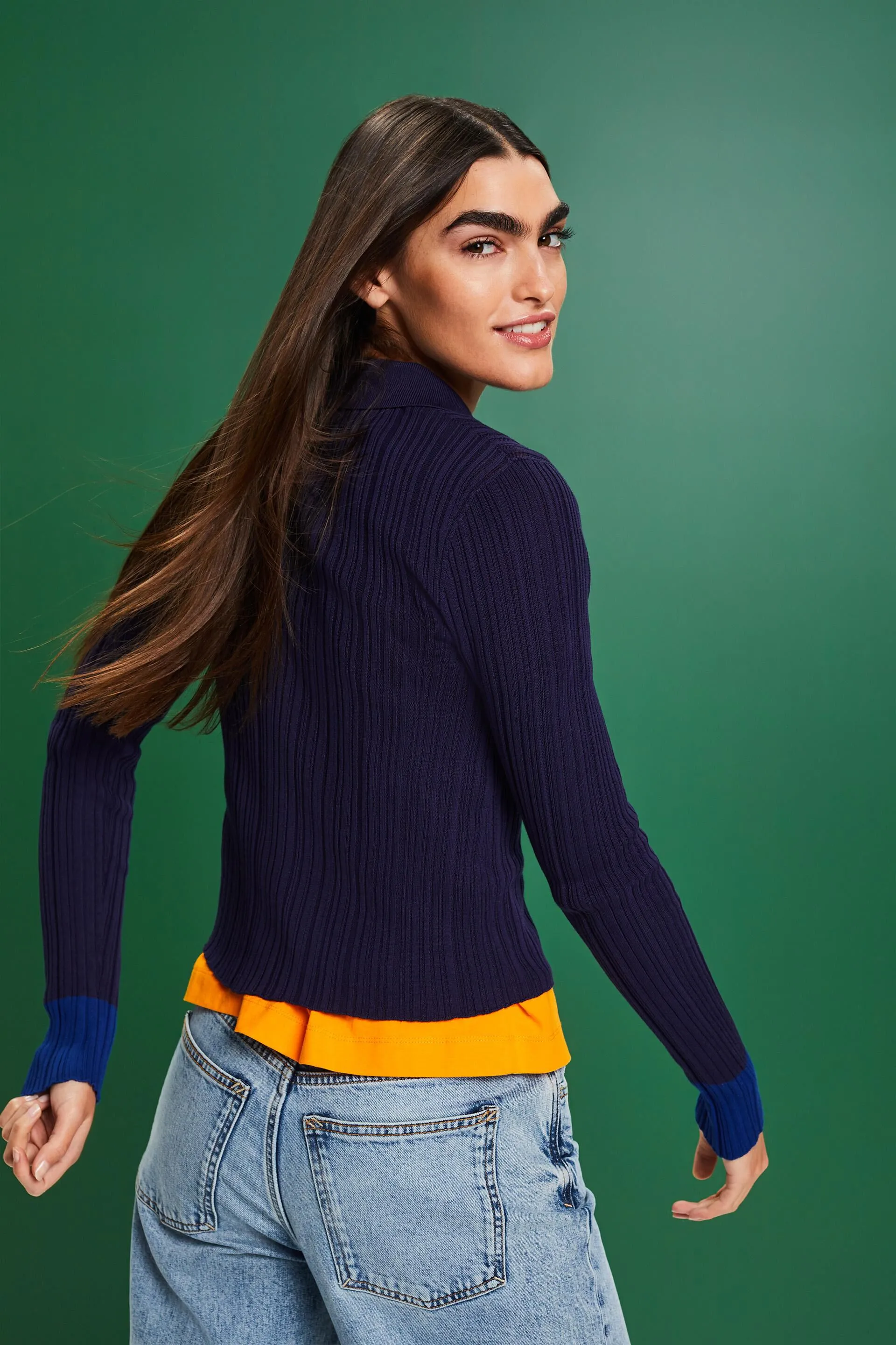 Cárdigan estilo polo de punto acanalado sin costuras