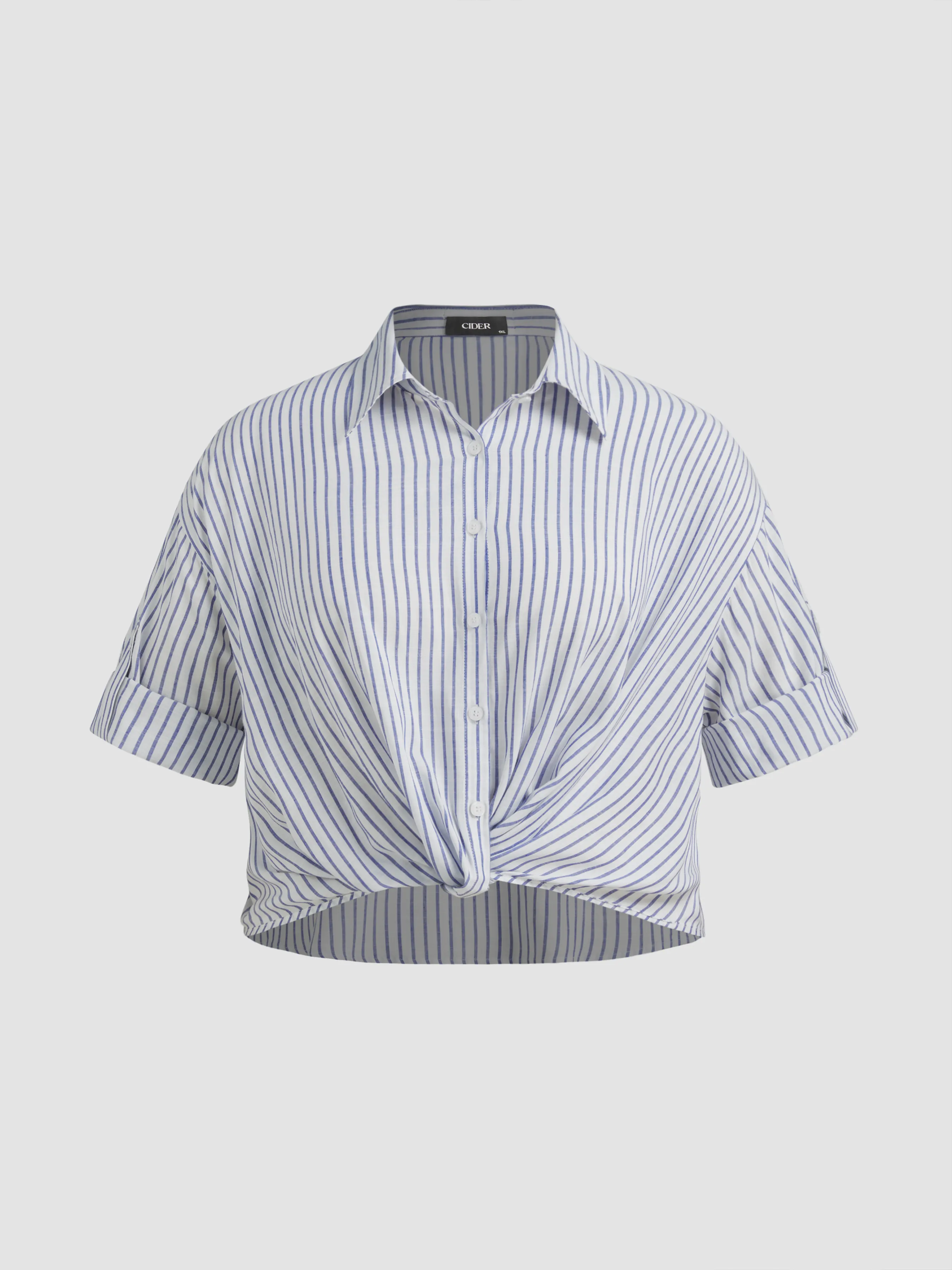 Camisa a rayas con cuello y manga media enrollable Curvy
