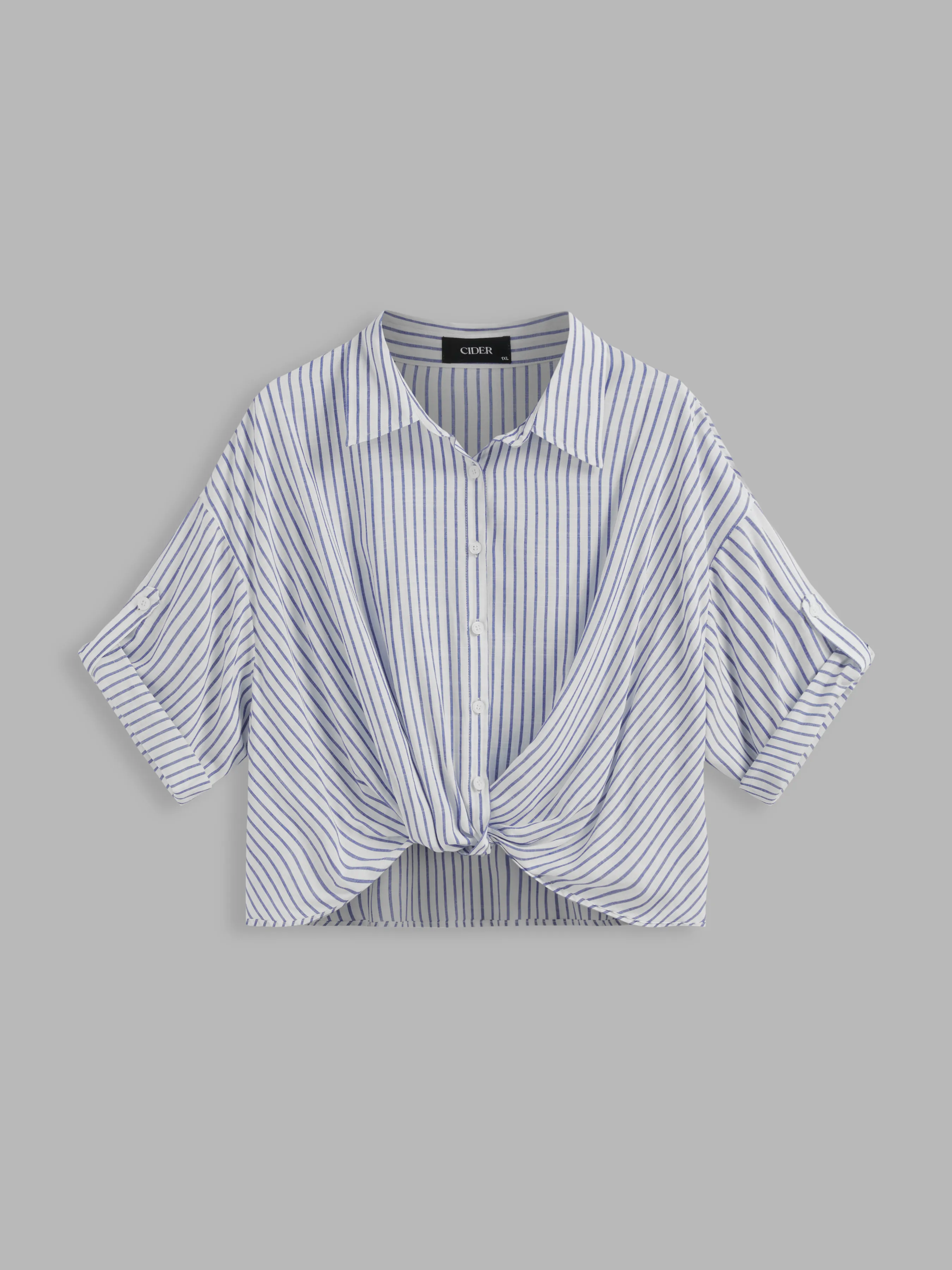 Camisa a rayas con cuello y manga media enrollable Curvy