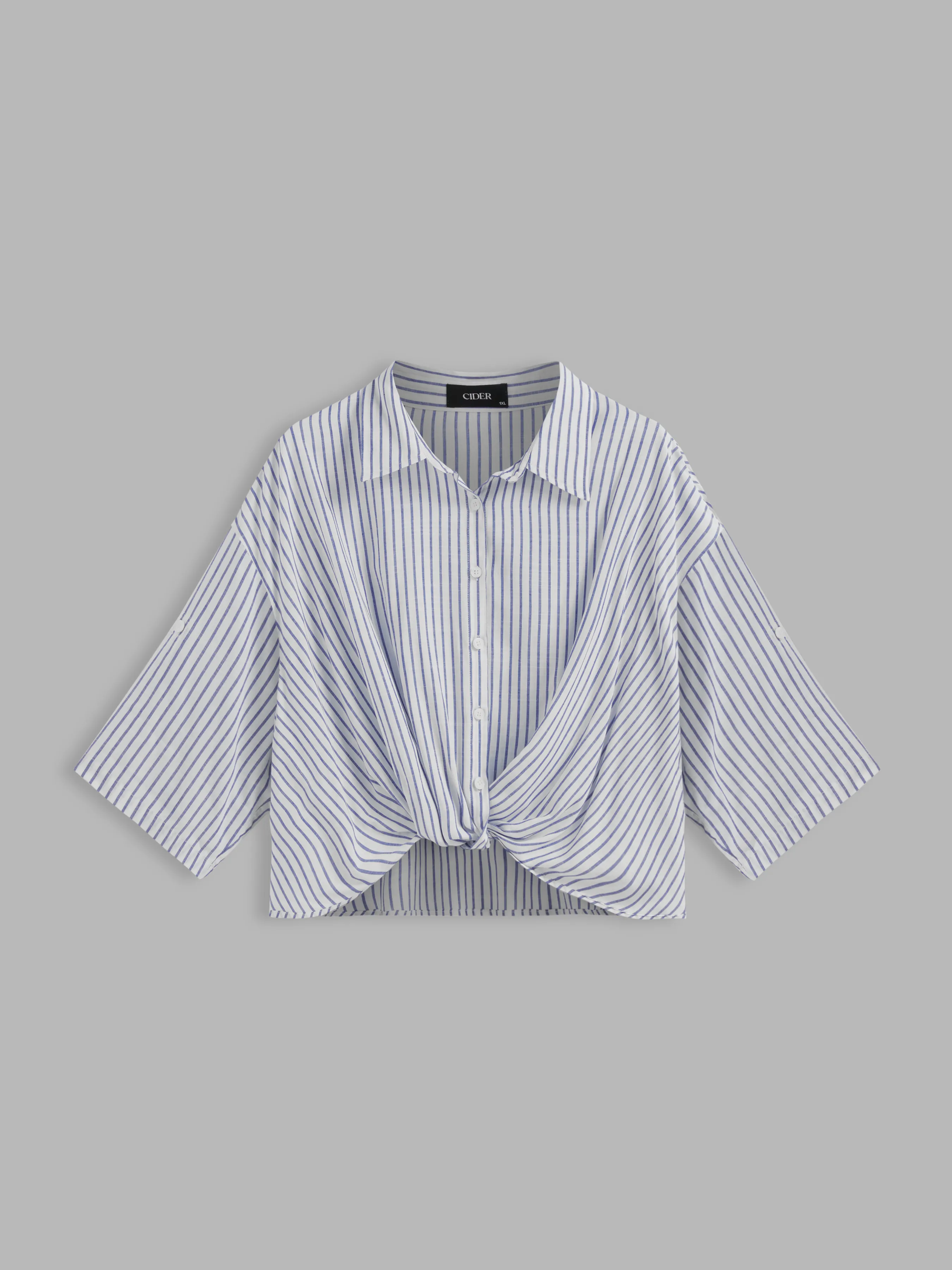 Camisa a rayas con cuello y manga media enrollable Curvy