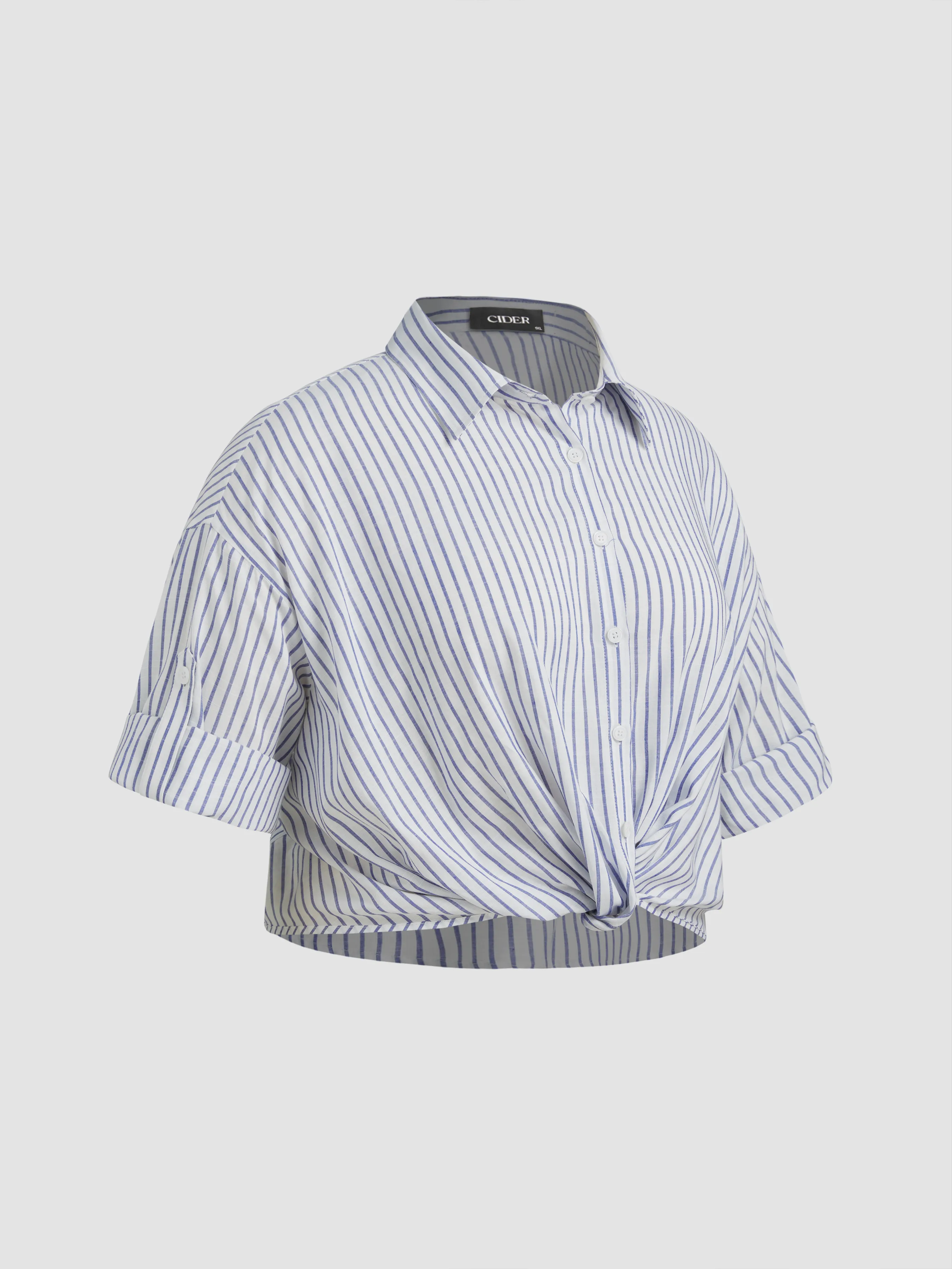 Camisa a rayas con cuello y manga media enrollable Curvy