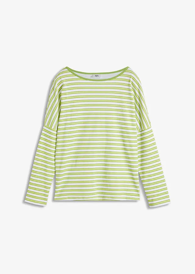 CAMISETA DE ALGODóN ORGáNICO CON ESTILO BOXY Y MANGA LARGA BLANCOVERDE PERA DE RAYAS