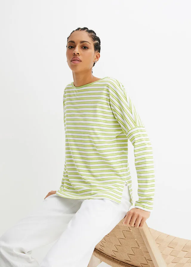CAMISETA DE ALGODóN ORGáNICO CON ESTILO BOXY Y MANGA LARGA BLANCOVERDE PERA DE RAYAS
