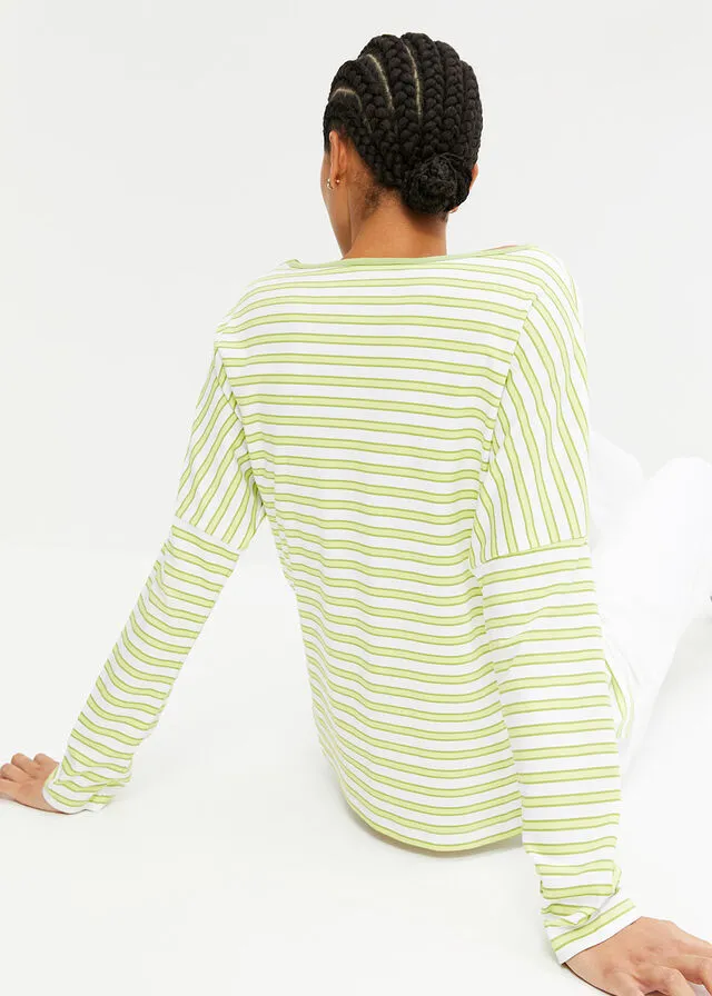 CAMISETA DE ALGODóN ORGáNICO CON ESTILO BOXY Y MANGA LARGA BLANCOVERDE PERA DE RAYAS