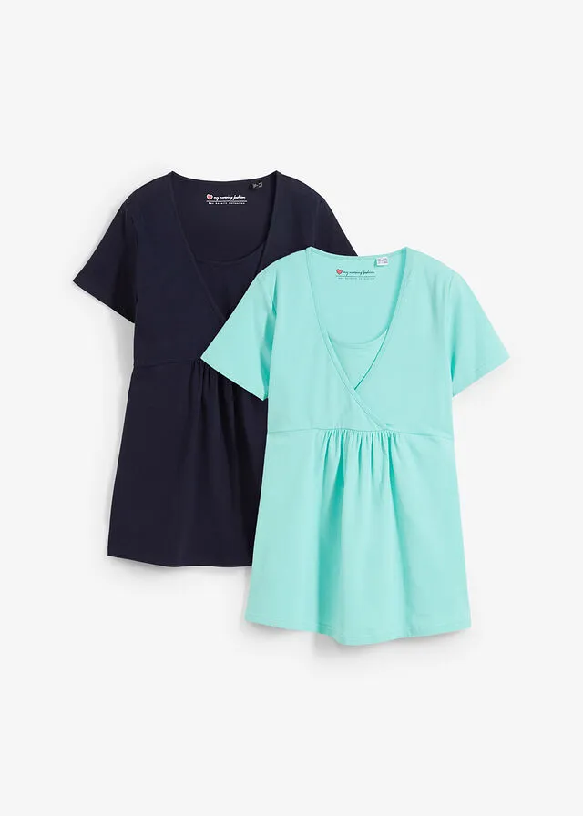 Camiseta premamá con función para lactancia, paquete doble Azul marino + mentol