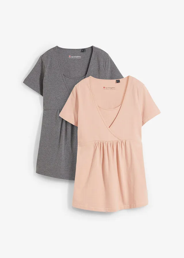 Camiseta premamá con función para lactancia, paquete doble Rosa vintage + gris jaspeado