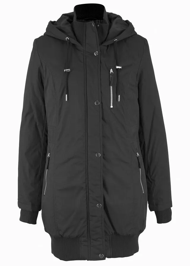 Chaqueta larga guateada con capucha Negro