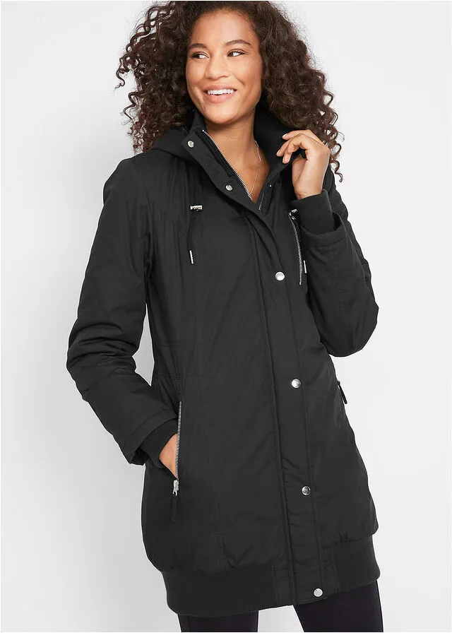 Chaqueta larga guateada con capucha Negro