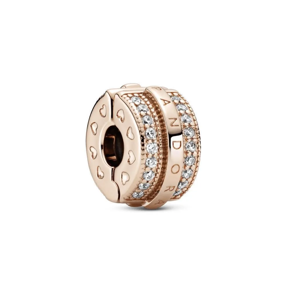 Clip Pandora Rose con circonitas cúbicas transparentes y agarre de silicona con el logo