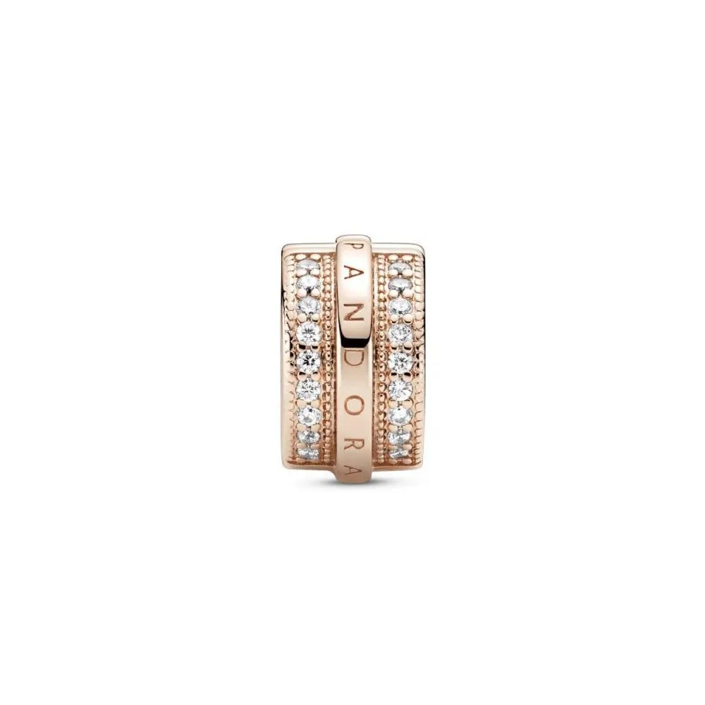 Clip Pandora Rose con circonitas cúbicas transparentes y agarre de silicona con el logo