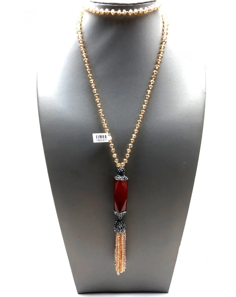 COLLARES LARGOS DE CRISTAL BEIGE CON COLGANTE DE PIEDRA