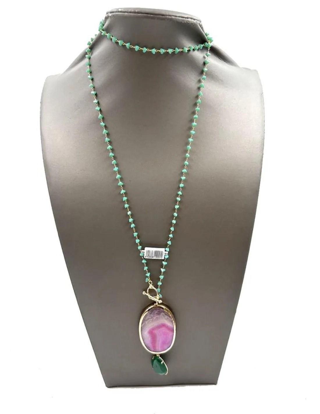 COLLARES LARGOS VERDES PIEDRA FUCSIA Y ESMERALDA