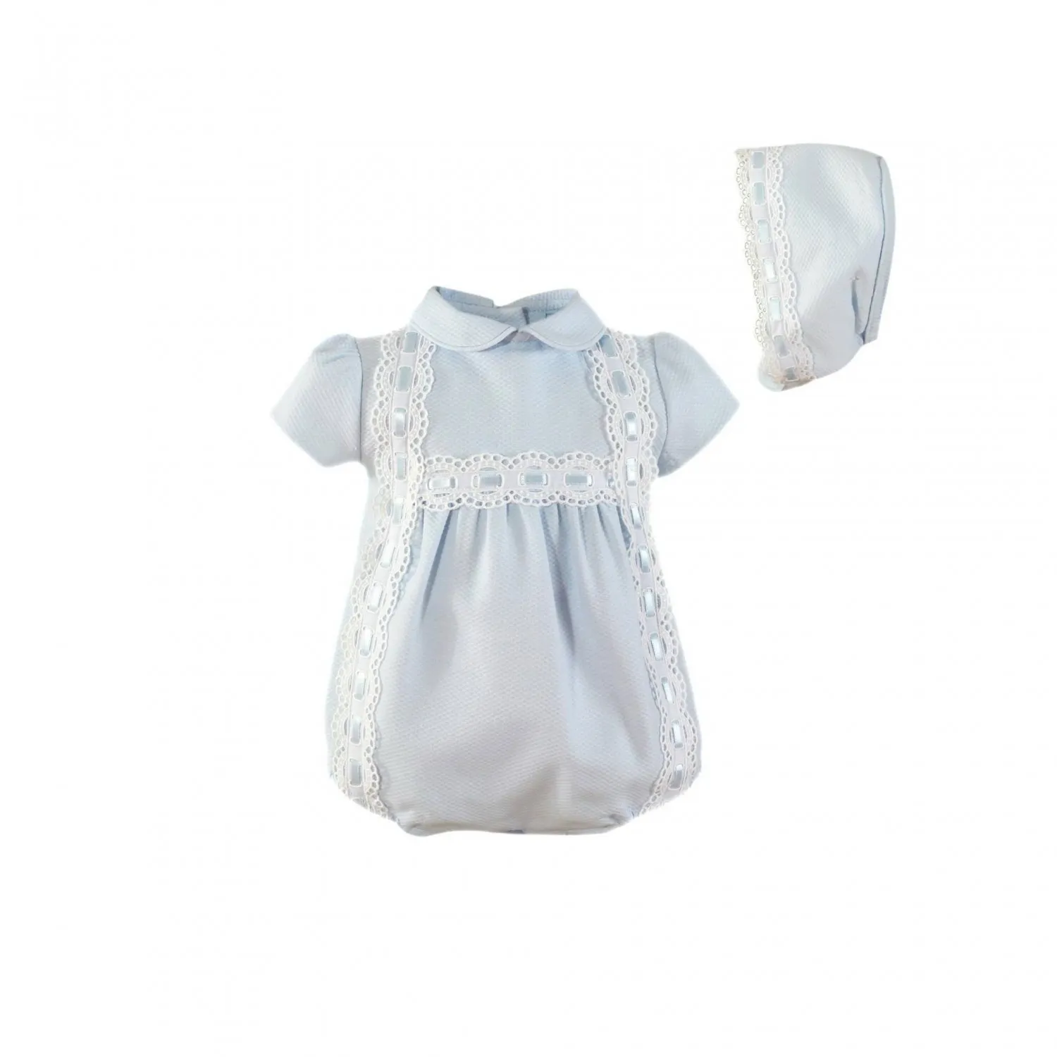 Conjunto para niño pelele y capota de piqué celeste con blanco