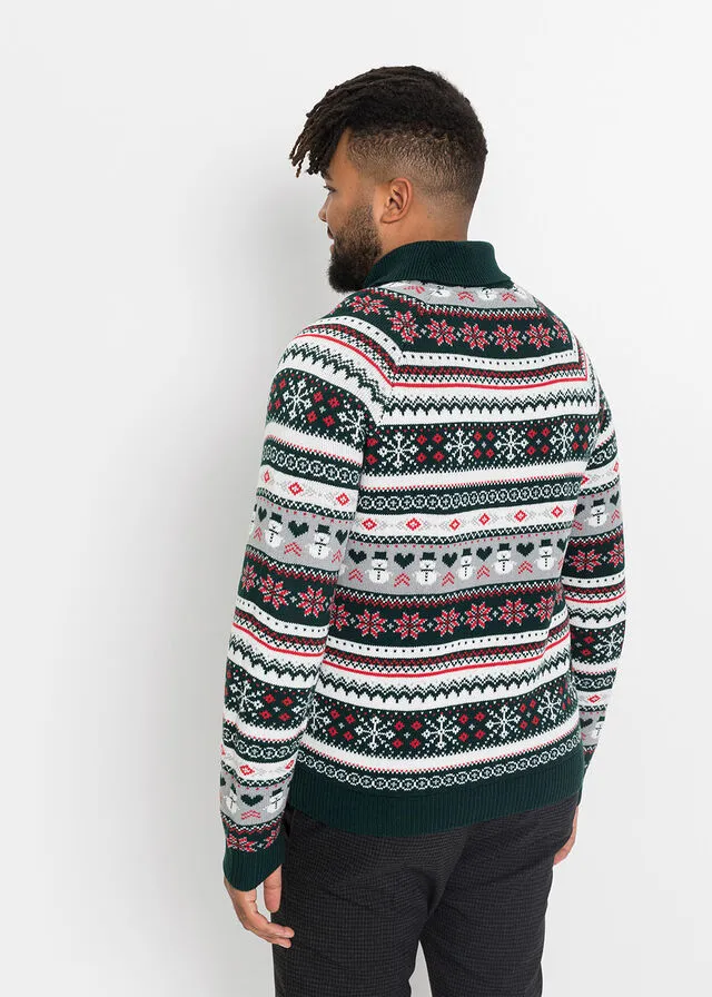 Jersey con cuello alto y patrón nórdico Verde intenso con patrón nórdico