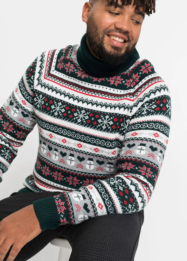 Jersey con cuello alto y patrón nórdico Verde intenso con patrón nórdico