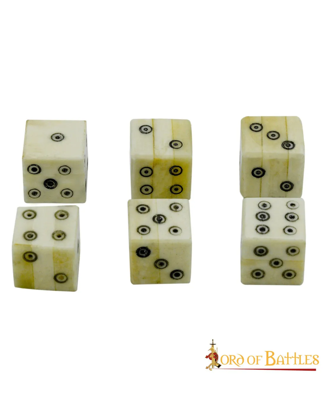 Juego de 6 dados de hueso con pepitas incrustadas