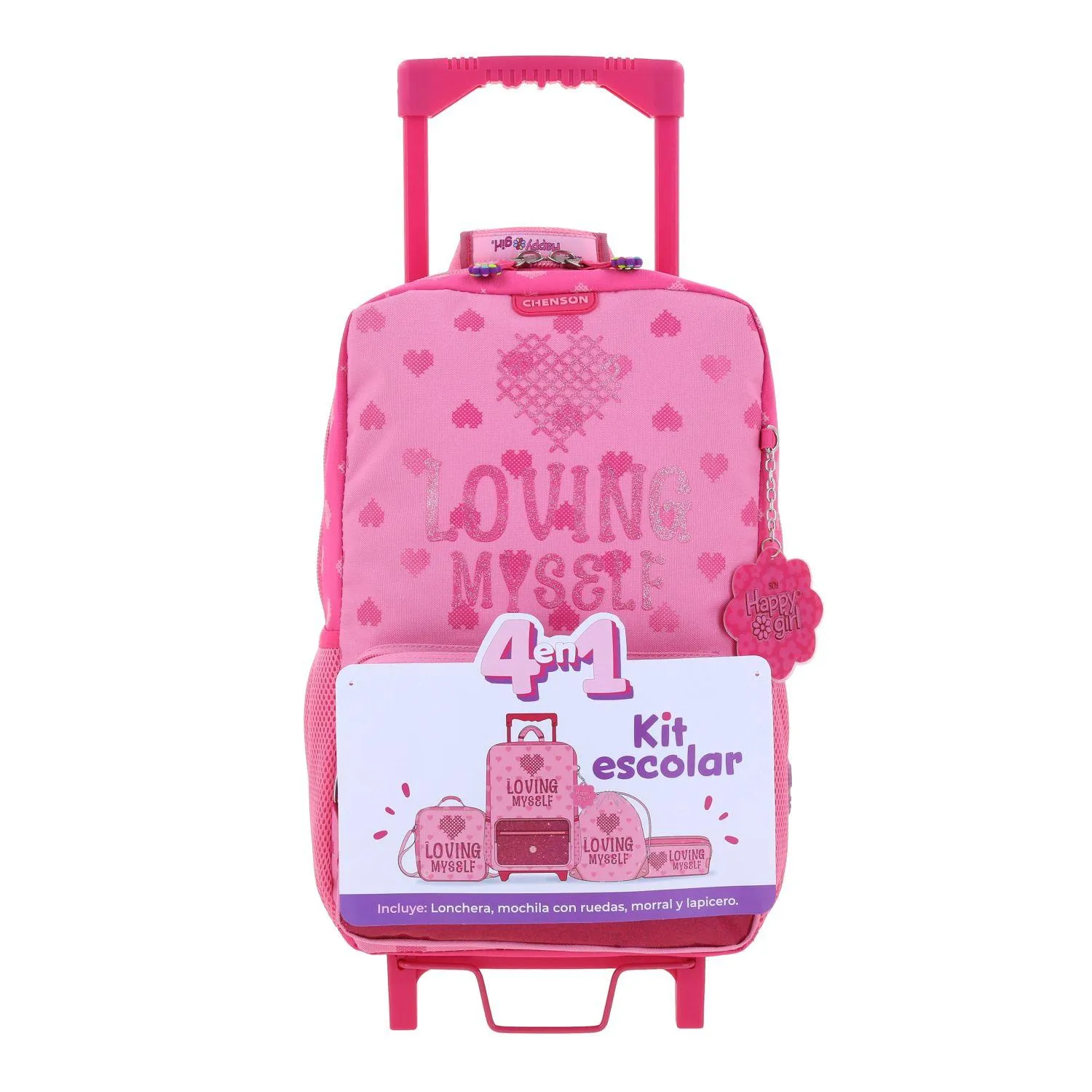 Kit Mochila Con Ruedas, Lonchera, Lapicera Y Morral Para Nia En Rosa Happy Girl By Chenson Flov