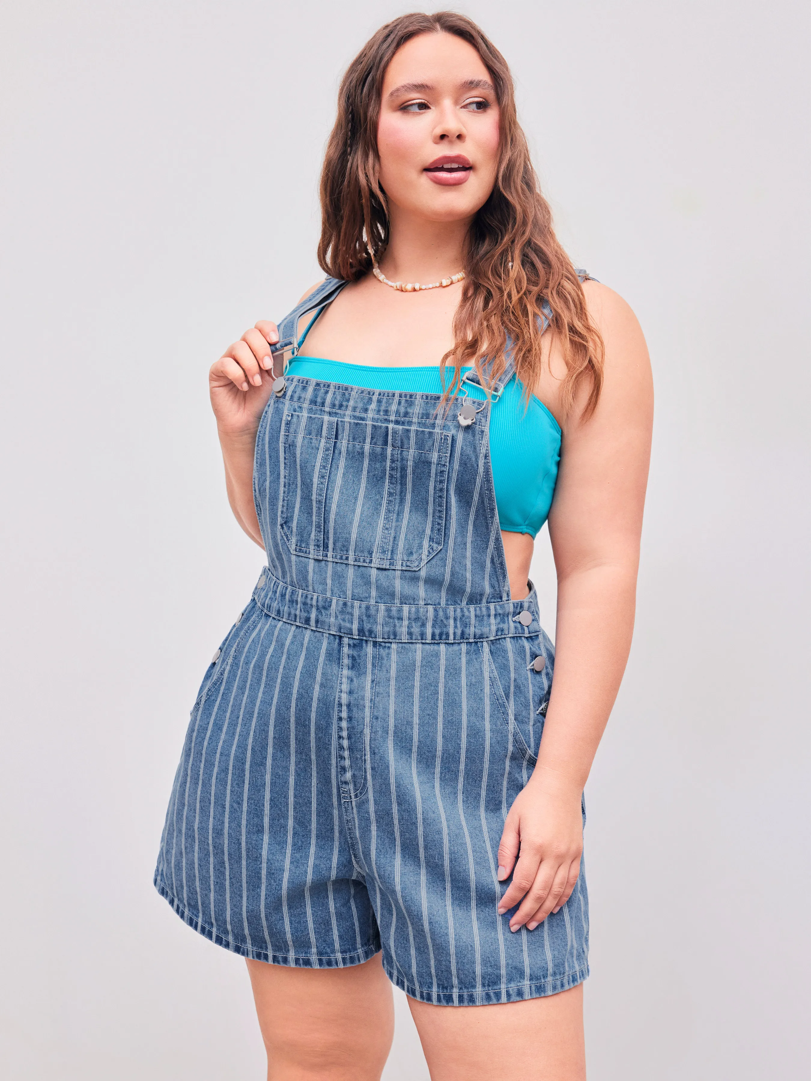 Mono vaquero de cuello cuadrado con bolsillo a rayas Curvy