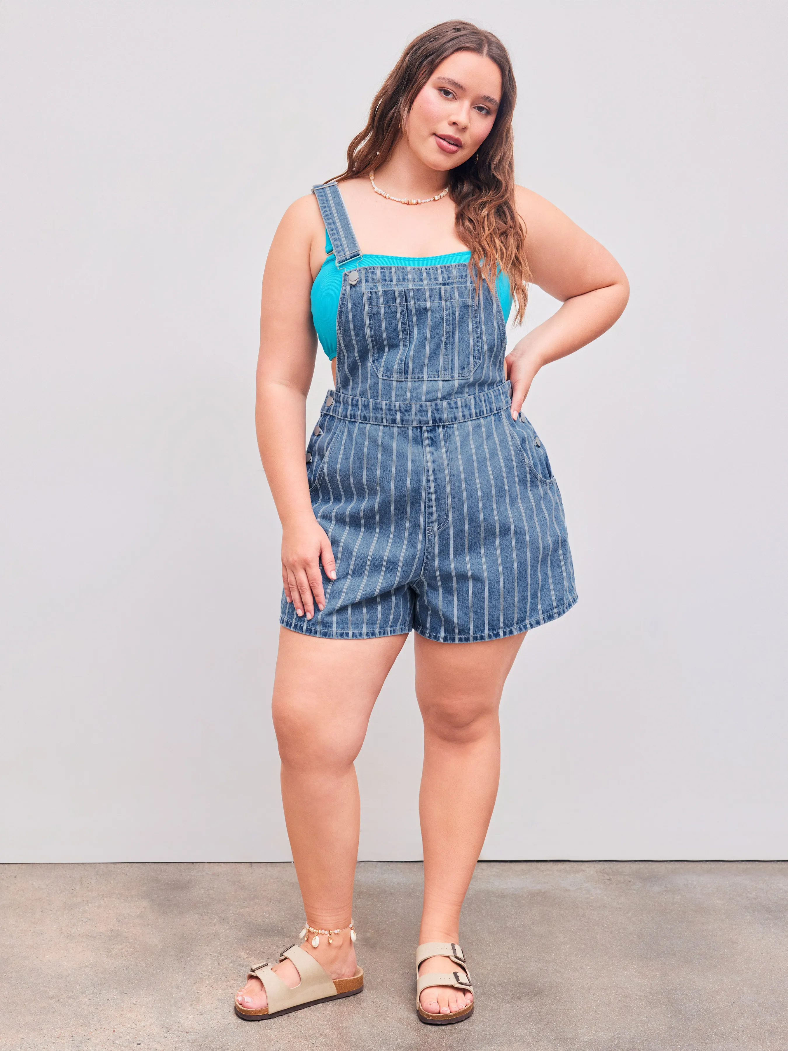 Mono vaquero de cuello cuadrado con bolsillo a rayas Curvy