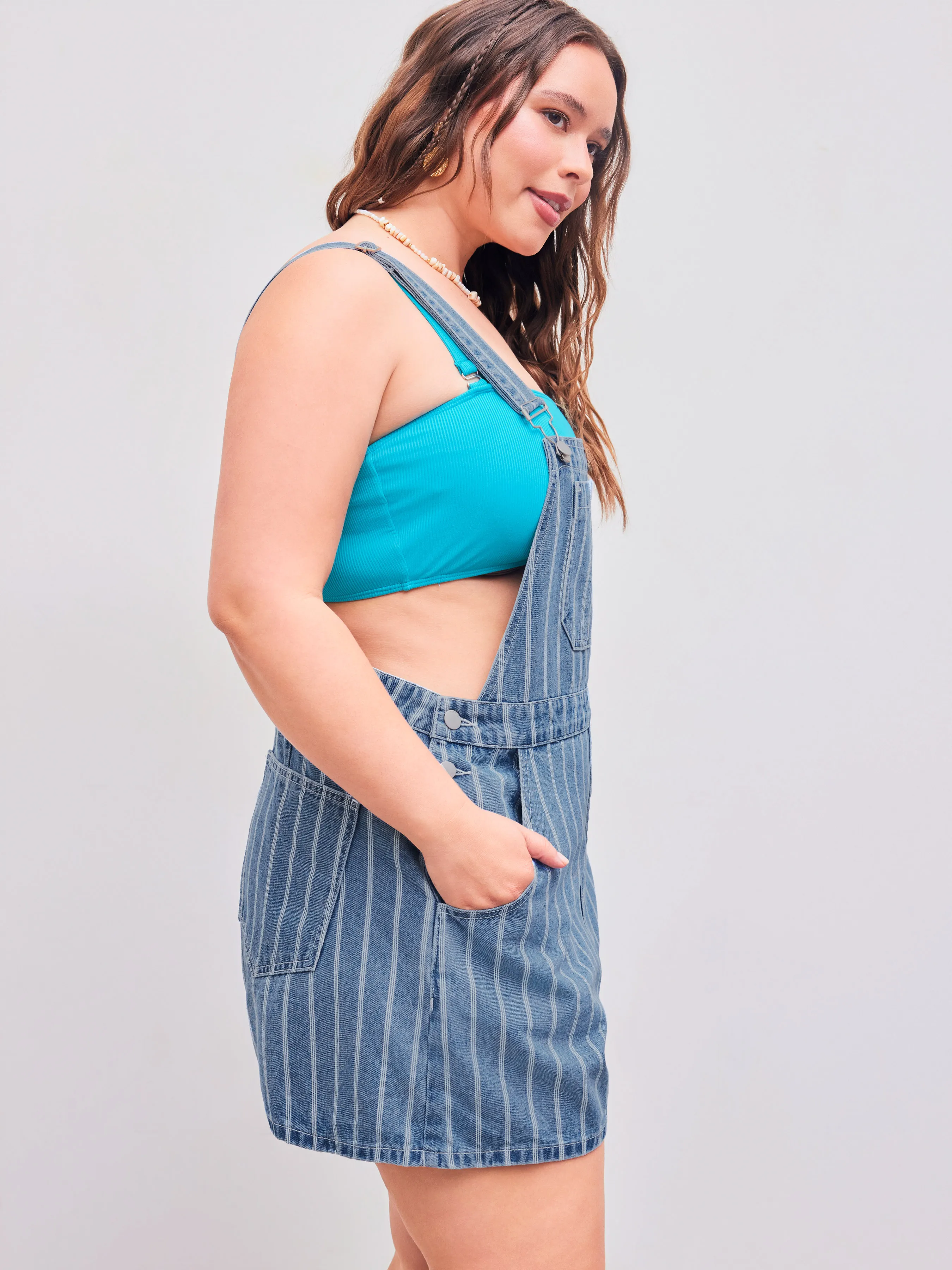 Mono vaquero de cuello cuadrado con bolsillo a rayas Curvy