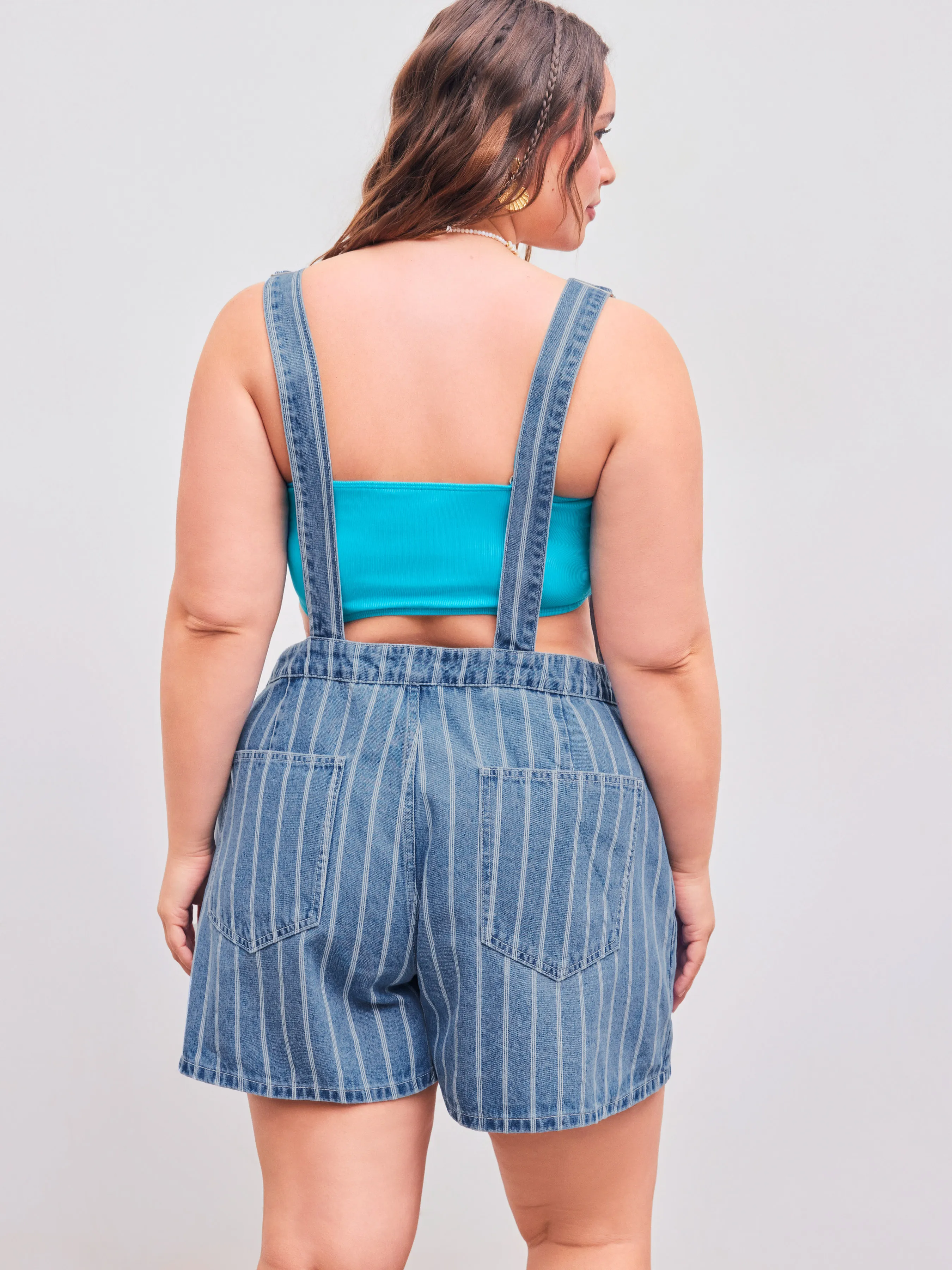 Mono vaquero de cuello cuadrado con bolsillo a rayas Curvy