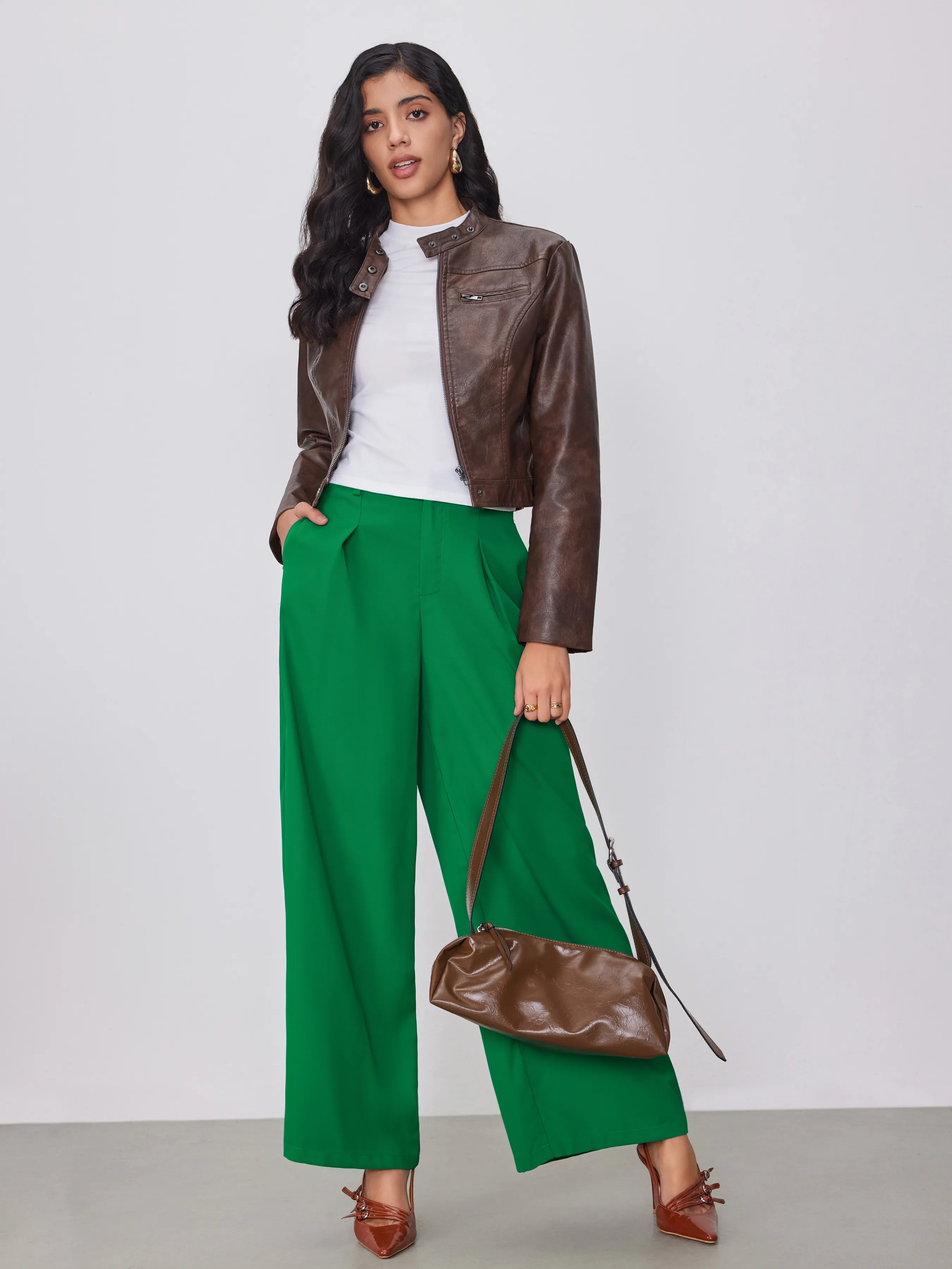 Pantalones de Pierna Ancha con Cremallera y Cintura Alta Sólidos