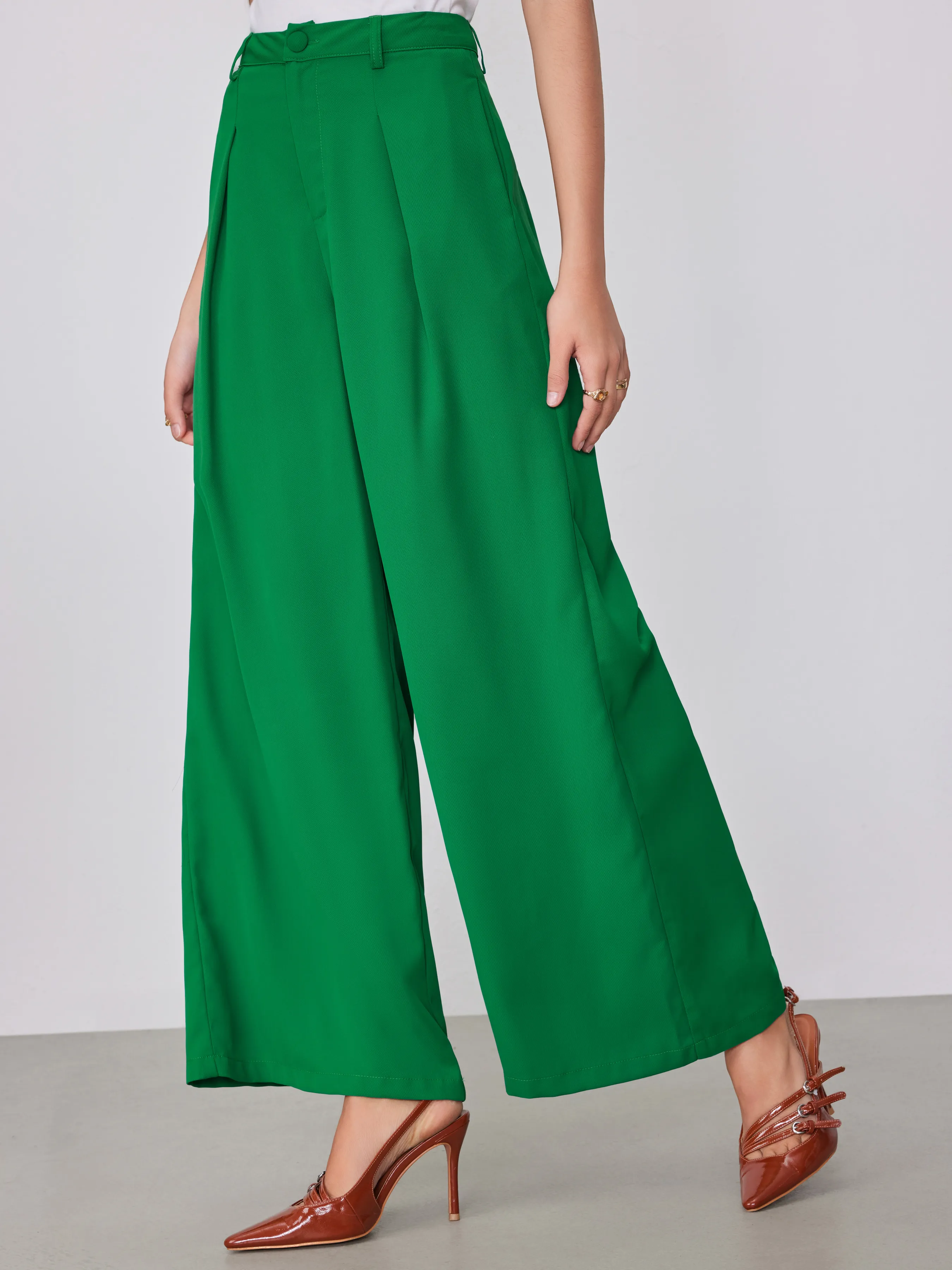  Pantalones de Pierna Ancha con Cremallera y Cintura Alta Sólidos