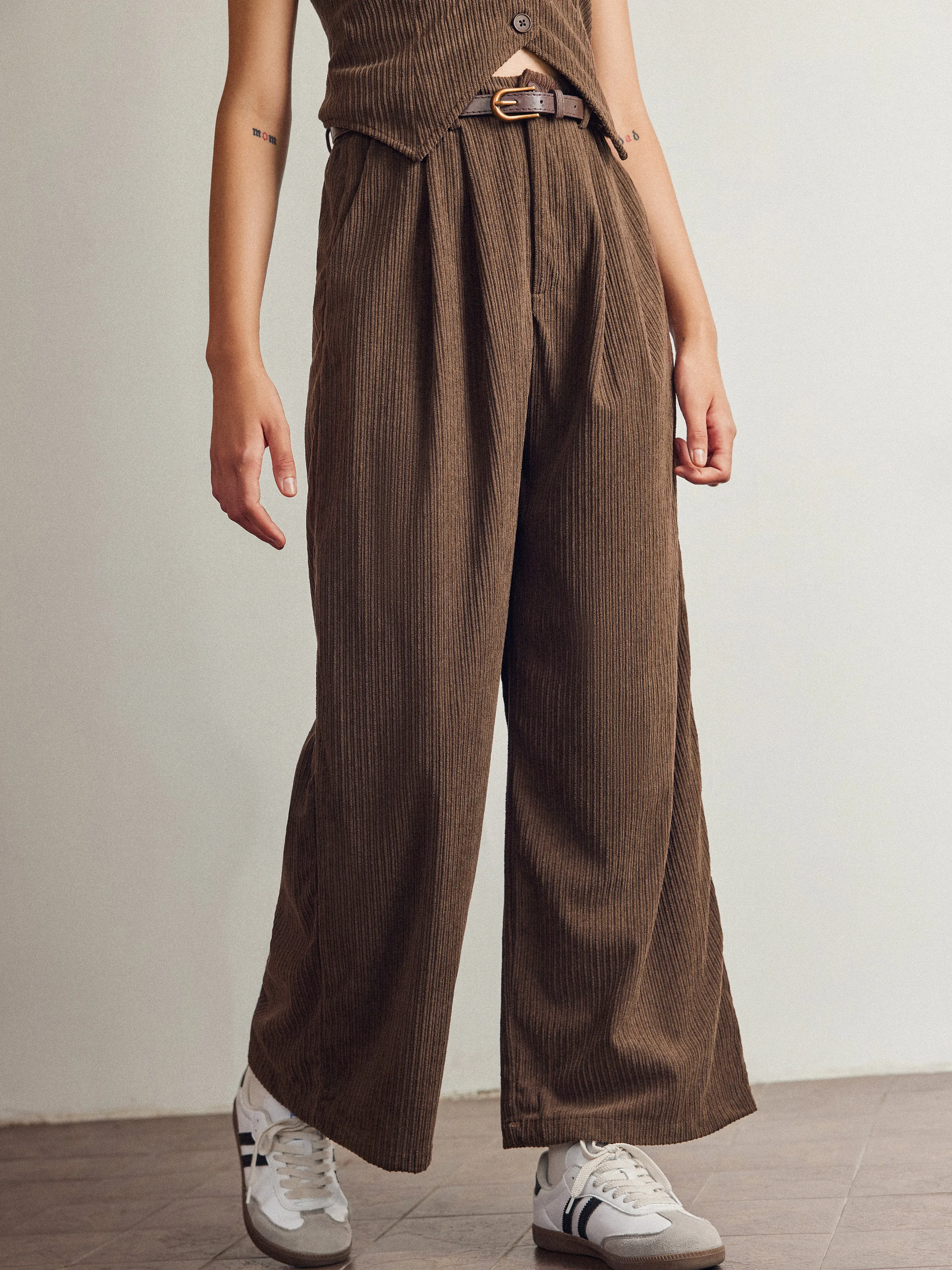  Pantalón de Pana de Cintura Alta con Cremallera y Pierna Ancha