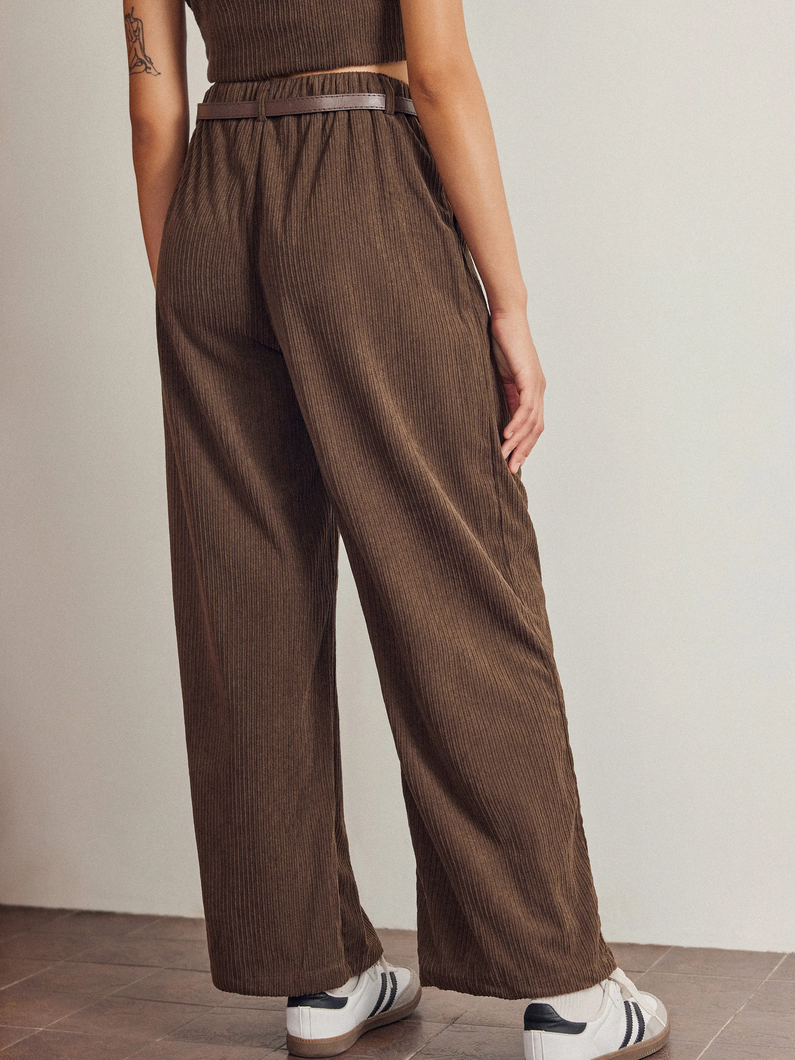  Pantalón de Pana de Cintura Alta con Cremallera y Pierna Ancha