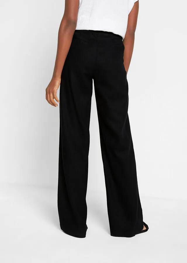 Pantalón palazzo de corte ancho con lino Negro