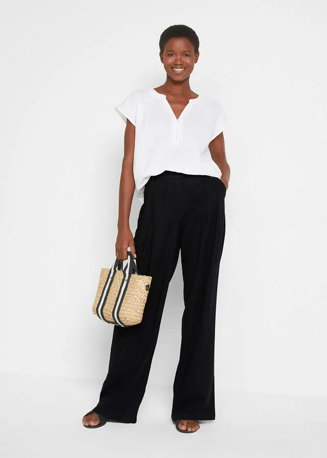 Pantalón palazzo de corte ancho con lino Negro